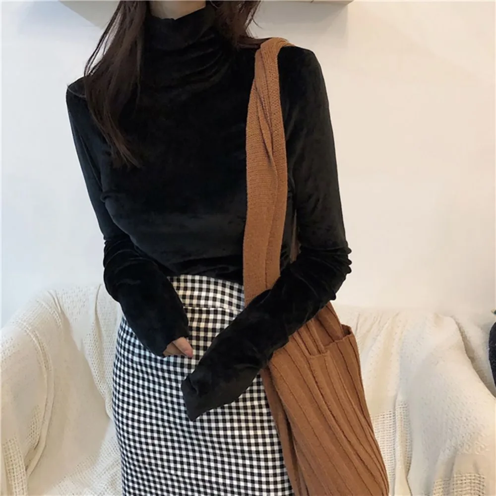 Women T-Shirt  Soft Fleece Velvet Turtleneck Shirt Solid Long Sleeve Autumn Fitness Vintage Girls Bottom Tops Women Clothing