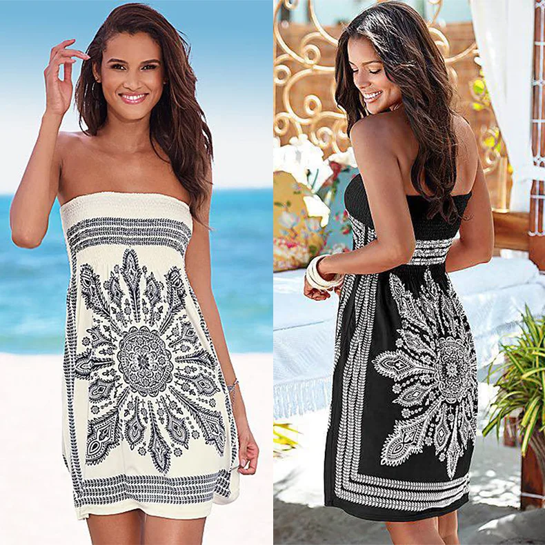 

Speed to sell through eBay amazon Europe and sexy wrapped chest printed sleeveless off-the-shoulder fashionable dresses