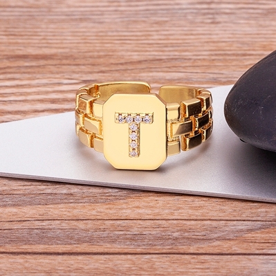 Arrival Fashion Gold Color Initial Ring Open Design Adjustable Hot Sale Watchband Chain A-Z Letters Zircon Rings For Women