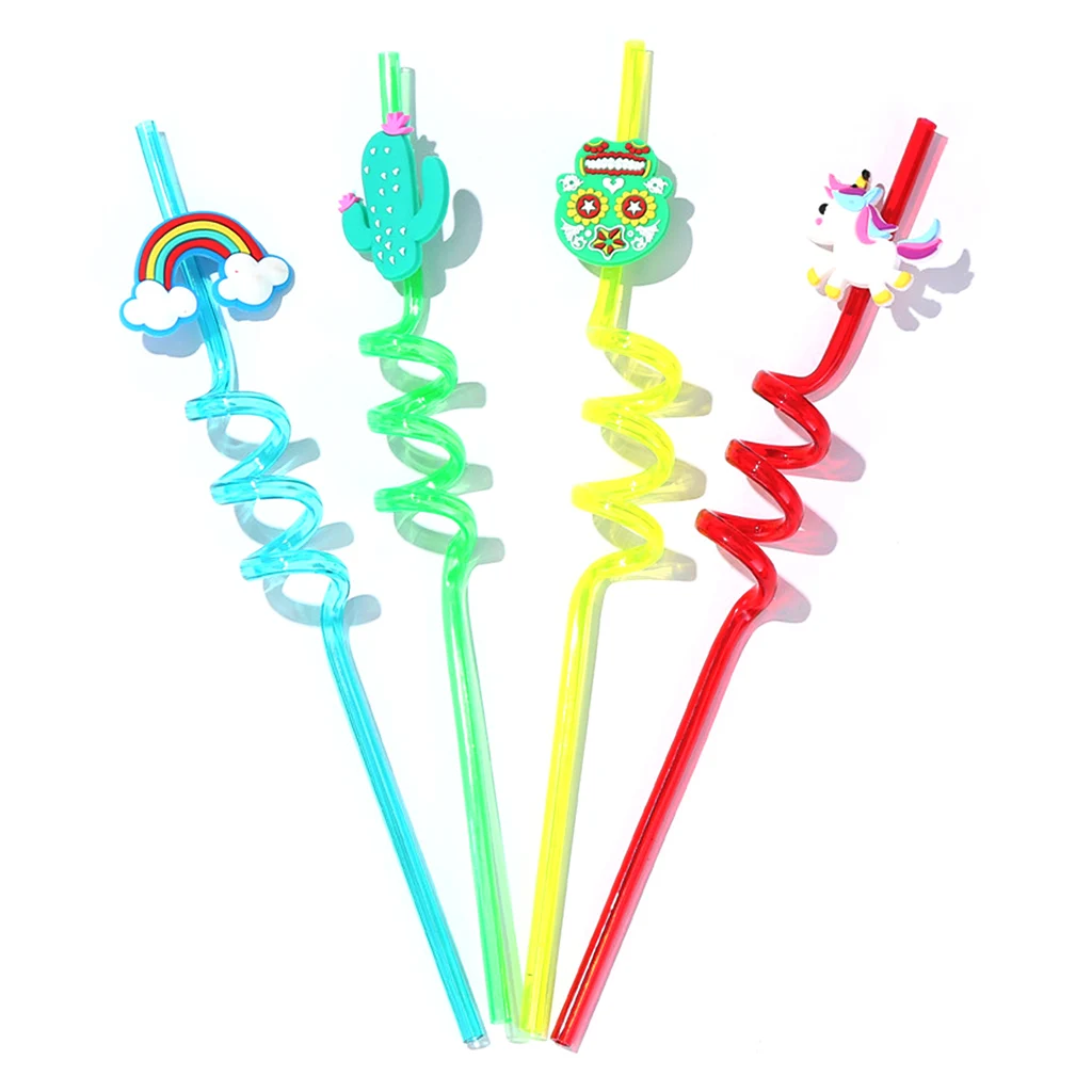 

4Pcs Cartoon Cactus Rainbow Owl Plastic Spiral Drinking Straws Children Use Birthday Party Bar Club Special Juice Wine Cup Decor