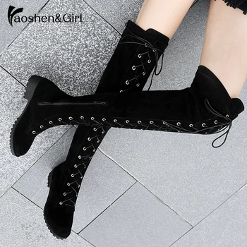 

Haoshen&Girl Hot Womens Over Knee Boots Lace Up Sexy Thigh High Riding Boots Square Heel Flat Feminina Botas Plus Size 33-46