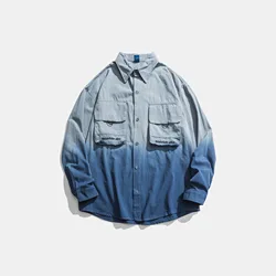 2022 primavera e outono nova roupa de trabalho japonesa masculina gradiente tie dye vintage remendo lapela camisa masculina