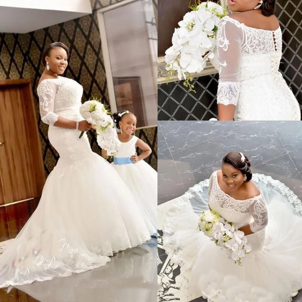 

Африканские свадебные платья с коротким рукавом, Кружевная аппликация, с открытыми плечами, свадебные платья русалки невесты, Индивидуальный размер, свадебные платья