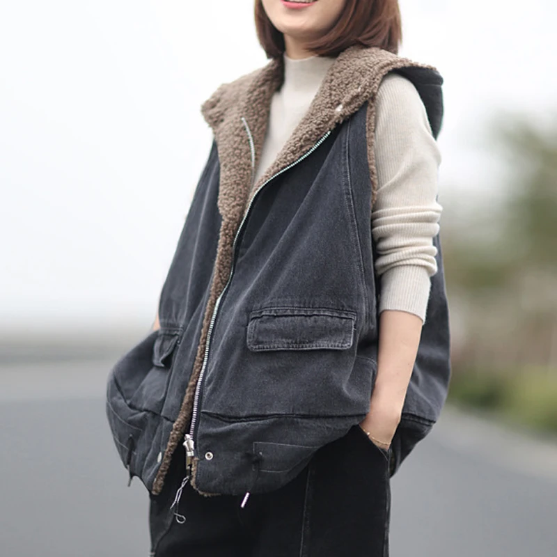 Зимняя корейская модная утепленная джинсовая куртка с капюшоном из овечьей шерсти, новая жилетка на молнии с карманами, женский джинсовый жилет