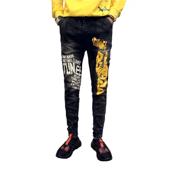 

2019 Spring and Autumn New Hot Men's Fashion Letters Printed Black Printed Jeans Slim Feet Fashion Color Elastic Pants 29-34