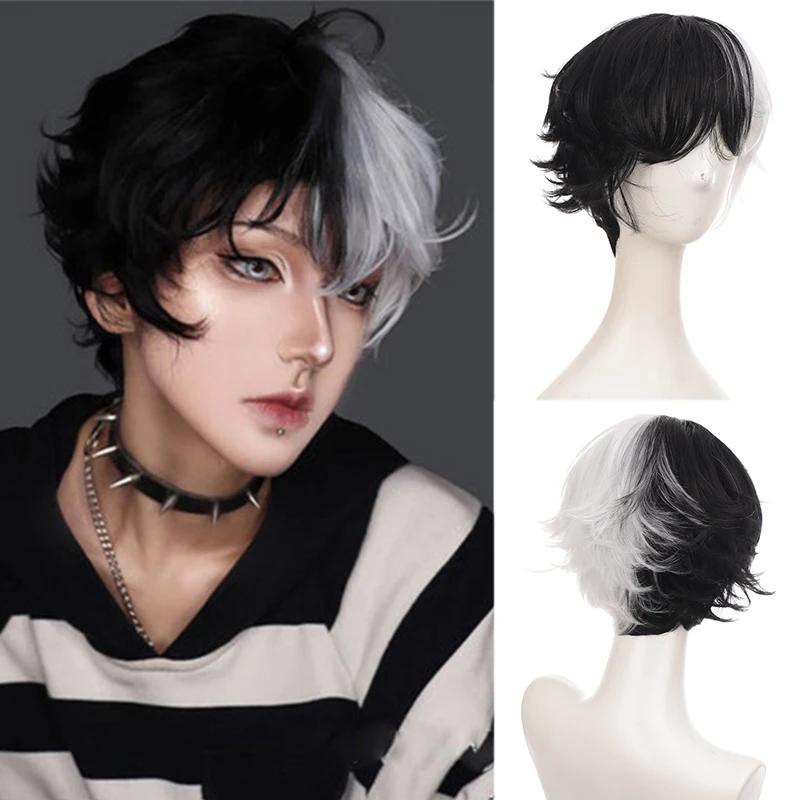 

Short Curly Male Wig Black White Yellow Half Cosplay Anime Costume Halloween Wigs Synthetic Hair With Bangs For Men Boy Women