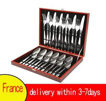

24 PCS Cutlery Set Silverware Wooden Box Stainless Steel Mirror Polishing Sets Tableware Spoon Flatware Dinnerware Wood box HWC