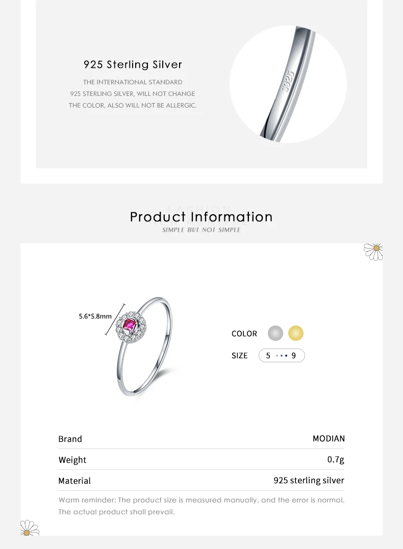 MODIAN Authentic 925 Sterling Silver Delicate Red Crystal Small Finger Rings For Women Wedding Band Fashion Statement Jewelry