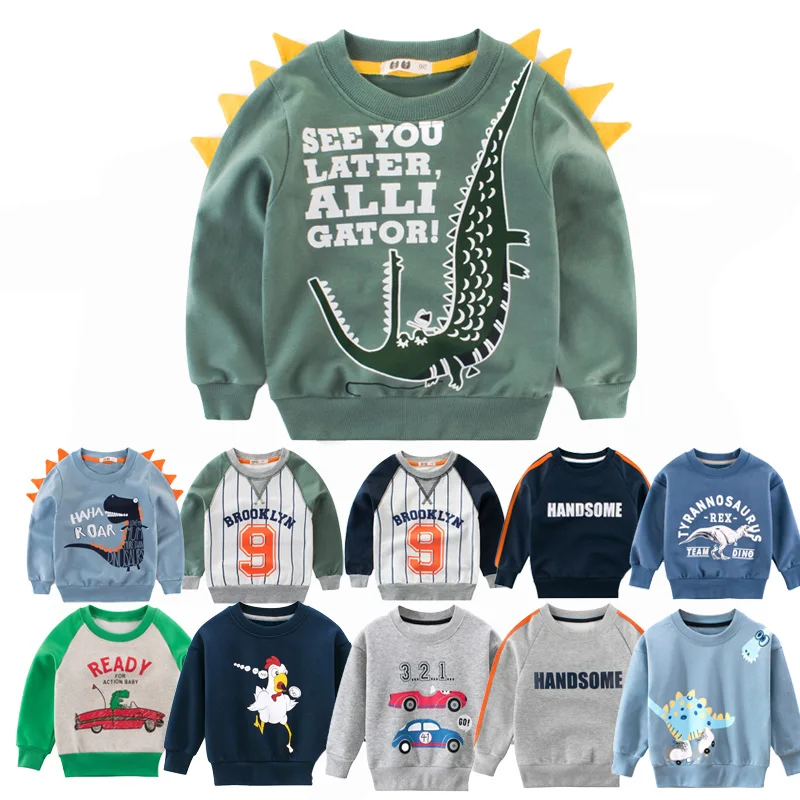 Модная одежда для мальчиков, осенне-зимние топы с длинными рукавами, детский хлопковый свитер с аппликацией динозавра, Детские рубашки для мальчиков, одежда