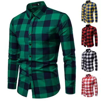 

Fashion Men Thicken Sliming and Fit Plaid Long Sleeve Button Lapel Casual Shirt Blouse Cotton Linen blouses loose Top