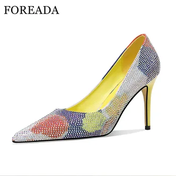 

FOREADA Woman Pumps Flower Super High Heels Dress Pointed Toe Thin Heel Shoes Fashion Crystal Female Footwear Yellow Red New 39