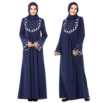 

Embroidery Party Loose Dress Muslim For Women Kaftan Dubai Cocktail Islamic Dresses Navy Blue Robe Flare Sleeve Arab Gown New