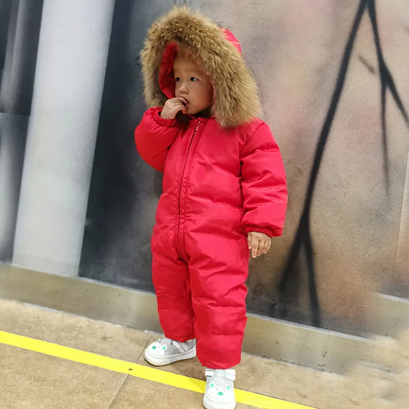 

Toddler Boys Winter Jacket Outwear Real Raccoon Fur Kids Baby Snowsuit Girls Down Rompers Hooded Thick Warm Children Down Parka