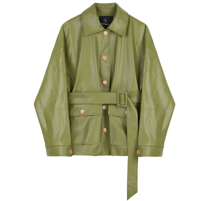 Verde do Vintage Jaqueta de Couro Falso Tamanho Grande Feminino Outono Coreano Cinto Jaqueta Senhoras Plutônio Cabolsa Oversize