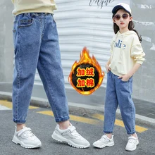 Новые брендовые зимние джинсы для девочек утепленные Джинсы для малышей теплые детские брюки джинсовые штаны с эластичной резинкой на талии для детей, повседневные джинсы для маленьких мальчиков