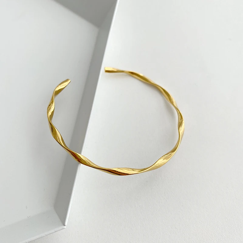 Peri'sbox Gold Color Wave Shape Twisted Bangles Thin Geometric Bangles for women Minimalist Open Bangles Adjustable 2020 Jewelry - Image 4