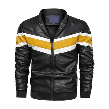 

Men Faux Leather Jacket Contrast Stitching Fashion Motorcycle Winter Plus Velvet Coat Vintage PU Leather Sportswear Suits