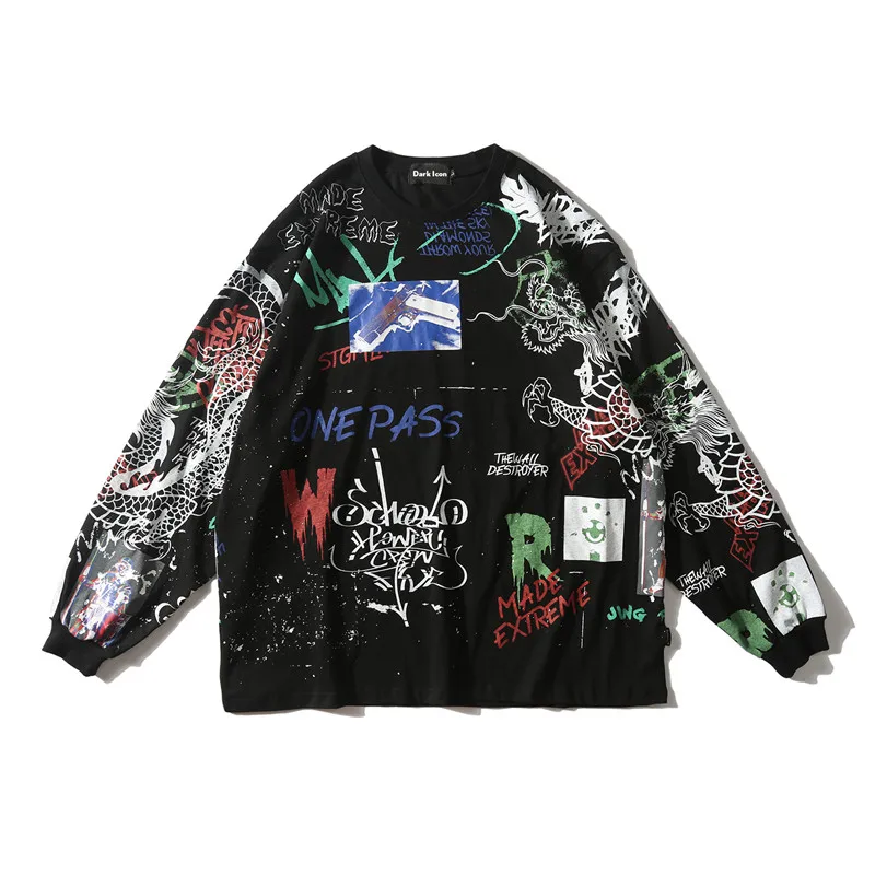 black tshirt Мужская футболка с принтом темных икон граффити, хипстерские Футболки с длинным рукавом и круглым вырезом, мужские свободные футболки - Цвет: black tshirt