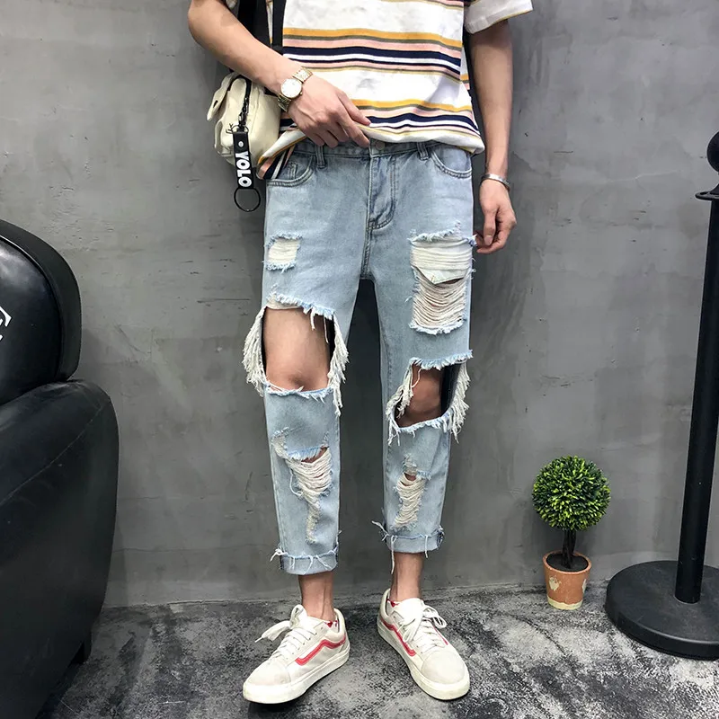 

VERSMA Korean Ulzzang Summer Vintage Ripped Jeans For Men Kpop Streetwear Rip Curl Stretch Retro Denim Jeans Wide Baggy BF Pants
