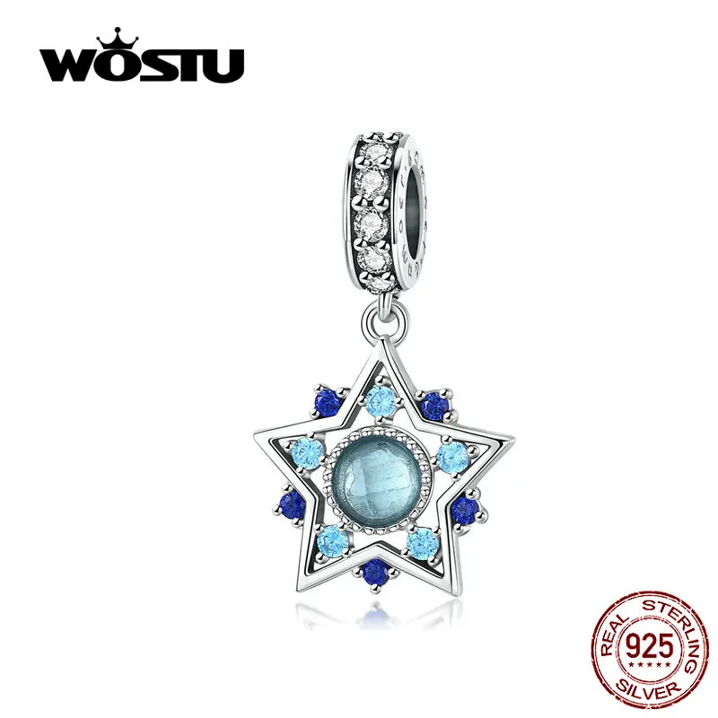 WOSTU, Ослепительная голубая звезда, Висячие Подвески, 925 пробы, серебряные циркониевые бусины, подходят к оригиналу, сделай сам, браслет для изготовления ювелирных изделий CTC099