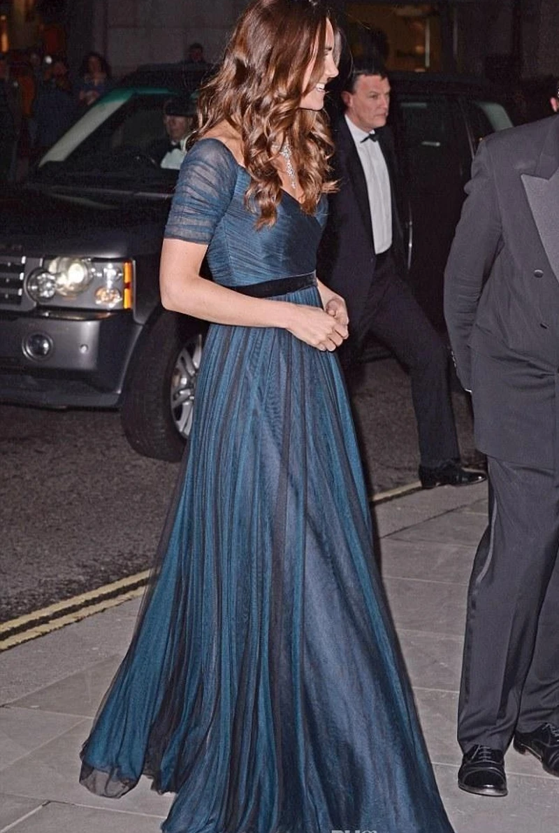 Kate Middleton, ТРАПЕЦИЕВИДНОЕ ПЛАТЬЕ знаменитостей, вечернее платье, Чернильное синее милое платье с открытыми плечами и рюшами, Тюлевое платье для выпускного вечера с поясом - Цвет: PICTURE COLOR