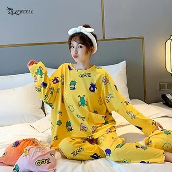 

Autumn Winter Pajama Set Woman Cartoon Print Clothes Plus Size Loose Loungewear Cute Sleep Wear Soft Pajamas Homewear