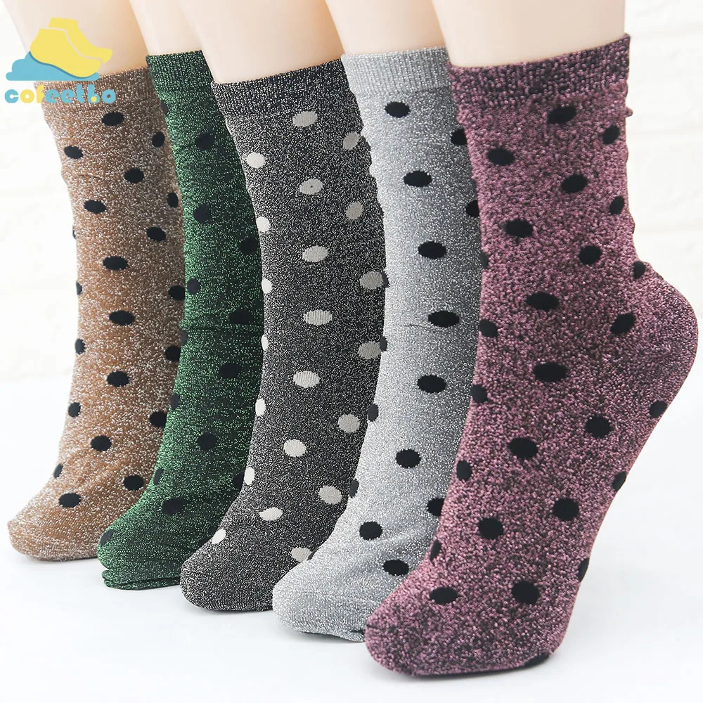 Модные блестящие хлопковые носки в горошек яркие блестящие свободные носки-трубы средней высоты, повседневные носки до щиколотки для девочек, Женская осенне-зимняя обувь