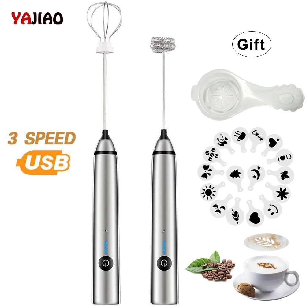 YAJIAO USB Rechargeable Blender Milk Frother Handheld Electric Mixer Foam Maker Stainless Whisk 3 Speed for Coffee Cappuccino