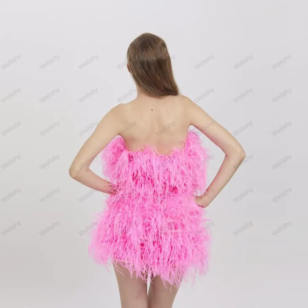 Fashion Puffy Feathers Mini Dresses Women 2020 Sexy Strapless Sleeveless Short Prom Gown Cocktail Party Dress Girls Custom Made