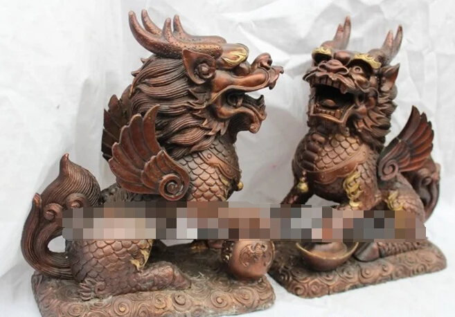907+ 11" China Chinese Feng Shui Bronze Lucky Kylin Dragon Foo Fu Dog Statue Pair