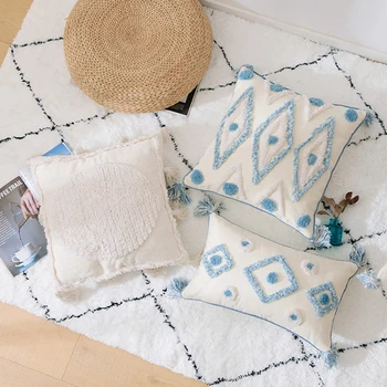 

National Style Cushion Cover Tassels Handmade Square Pillow Cover Pillowcase Bedding for Office Car Seat Home Sofa Decor 45x45cm