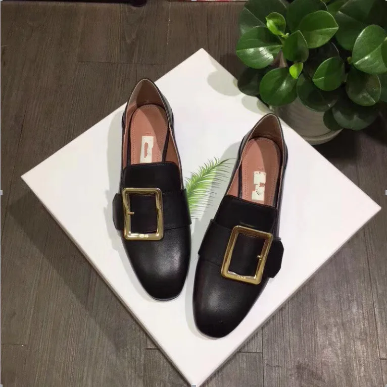 

2018 Autumn Casual Square Buckle round Buckle Slip-on Flat Lazy Mules Shoes Stepping Loafers Square Head Single Shoes Women's