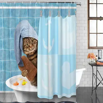 

Funny Bathroom Shower Curtains Cute Cat Bathing Waterproof Polyester Fabric Bath Curtain Set with Hooks