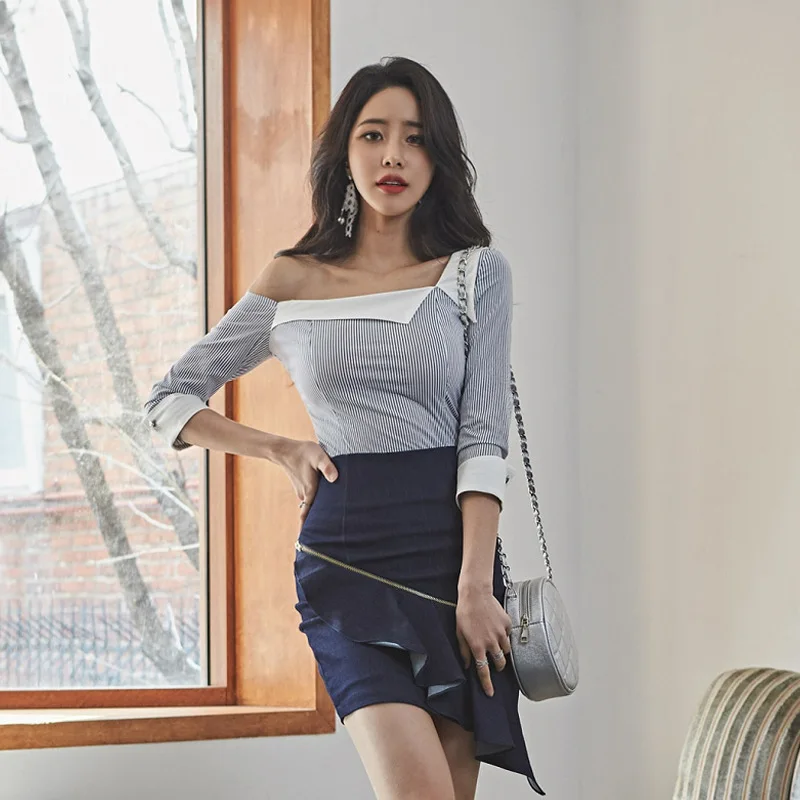 

Set 2019 Summer New Style Debutante-Trimmed Collar Striped Shirt + Sheath Irregular Skirt Two-Piece Set