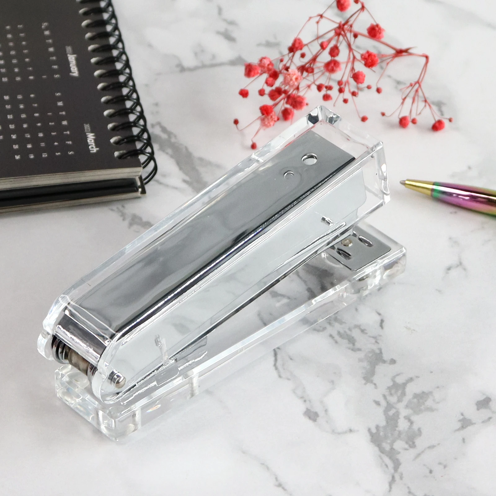 Acrylic Silver Office Supplies Set Stationery Stapler Tape Dispenser Pencil Cup Binder Clips Desk Accessory For Office