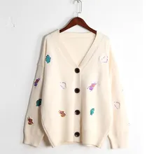 H. SA осенние модные женские трикотажные изделия, свитер и кардиганы с v-образным вырезом и милым динозавром, вышивка, Повседневные вязаные кардиганы в Корейском стиле