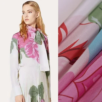 

130*133CM 16MM Big Floral Print Stretch Silk Crepe de Chine Fabric for Summer Dress Shirt Scarf Cheongsam Suit DE1238