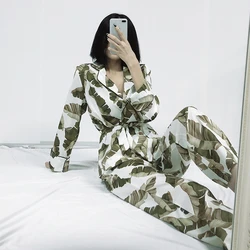 Banana Leaf Robe Sets Long Sleeve Satin Pajamas Tropical Graphic 2 Piece Set Women Sleepwear Home Suit Sets Bathrobe 2020