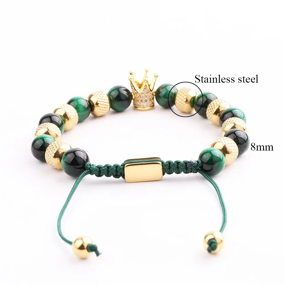 New Coming High Quality Stainless Steel Beads CZ Pave Charm Green Tiger Eye Cord Braided Macrame Bracelet Men Jewelry Gift - Image 3
