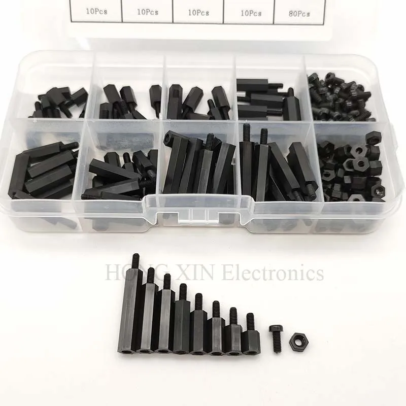 240Pcs M2.5 Black Male-Female Hex Nylon Spacers PCB Threaded Screws nuts Bolt Assortment kit set Standoff Box Best Quality