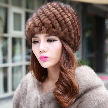

real mink pineapple hat thick fur cap beanie Russian fashion elegant winter hats for women