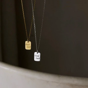 

925 sterling silver Good Luck Square Medallion Necklace Carved Geometric Necklaces for Women Gold Chain Minimalist Necklace