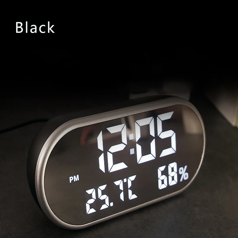 Черный LED Digital Alarm Clock Temperature and Humidity Display USB Electronic Table Clocks Watch with Oval Mirror Desk Clock - Цвет: Черный