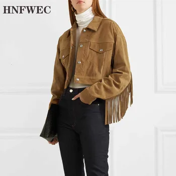 

Women Crop Top Tassel Suede Jacket 2019 High Street Turn Down Collar Single-Breasted Short Motorcycle Jacket Coat Y589