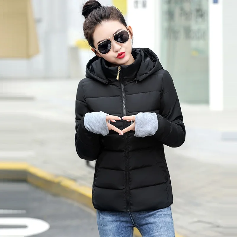 Зимняя женская куртка размера плюс 4XL, женские парки, плотная верхняя одежда, одноцветные пальто с капюшоном, короткие женские базовые Топы с хлопковой подкладкой - Цвет: black 2