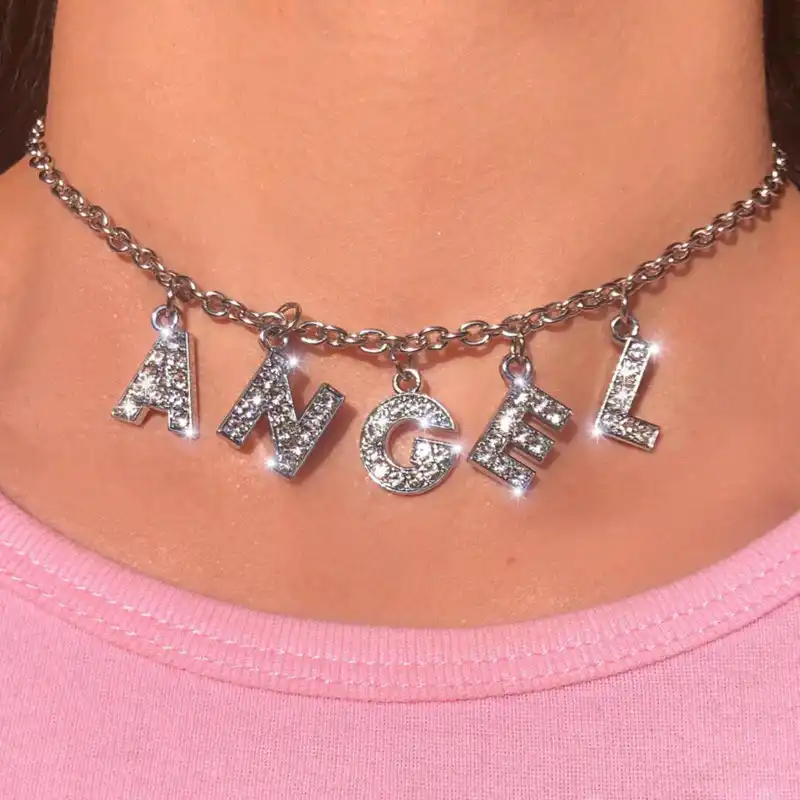 Angel Big Letter Bling Bling 90s Aesthetic Tumblr Chain Necklace Women