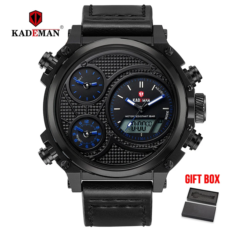 KADEMAN Лидирующий бренд Мужские часы милитари, спортивные кварцевые часы светодиодный цифровой дисплей водонепроницаемые кожаные Наручные часы Relogio Masculino - Цвет: black blue