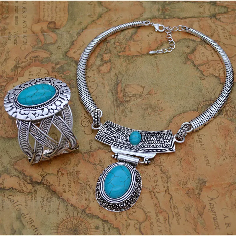 Yumfeel браслет с бриюзой Ювелирный Набор Винтажный, с серебряным покрытием ожерелье браслет серьги кольцо Ювелирные наборы для женщин - Цвет камня: NecklaceBangle