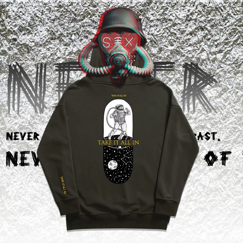 Пальто с капюшоном в стиле хип-хоп, популярная скейтборд улица hoodiescustom астронавт мультфильм печати длинный рукав ворс and fabric leisure Толстовка - Цвет: Washed black