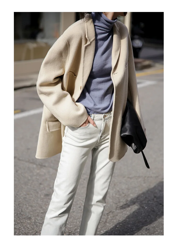 autumn and winter suit collar woolen coat female retro solid color handmade double-sided woolen coat
